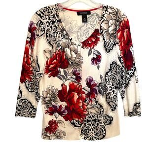 WHBM Floral Snap Cardigan Womens Medium White Red V-Neck Lightweight Topper
